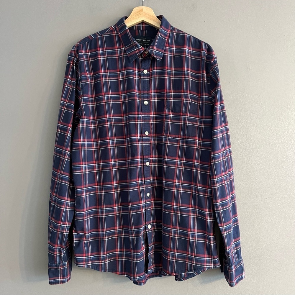 Lucky Brand Men Saturday Stretch Button Shirt Plaid Stretch Navy Blue Red Large